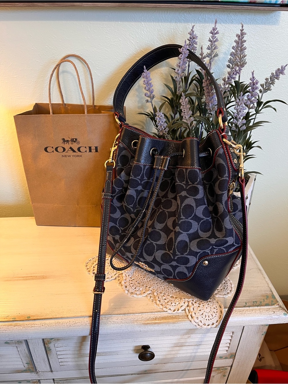 Coach Mickie Drawstring Shoulder Bucket Bag Signature Denim/Midnight F37224 NWOT